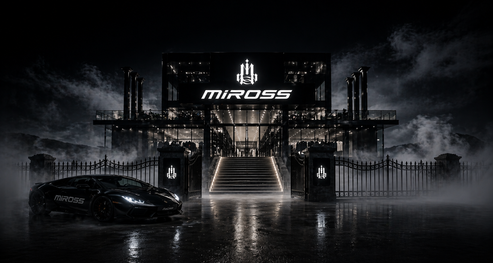 The MIROSS House — flagship gates at midnight